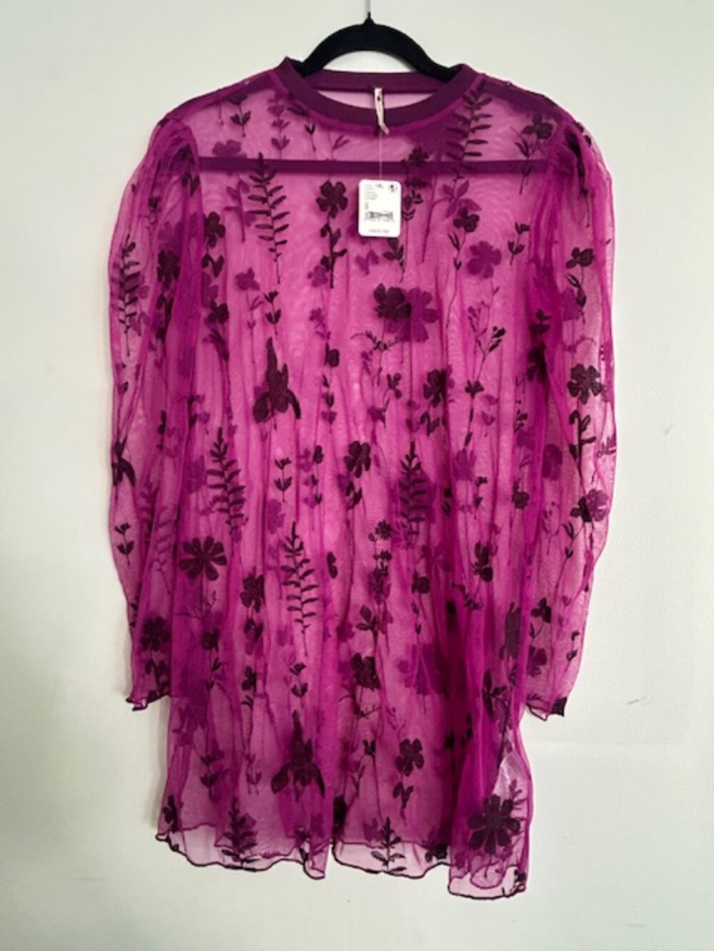Free People Cecelia Raspberry Floral Embroidery Sheer Mini Dress NWT